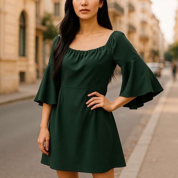 Trina Turk Green Off the Shoulder Bell Sleeve Mini Dress, New with Tags - Picture 1 of 6